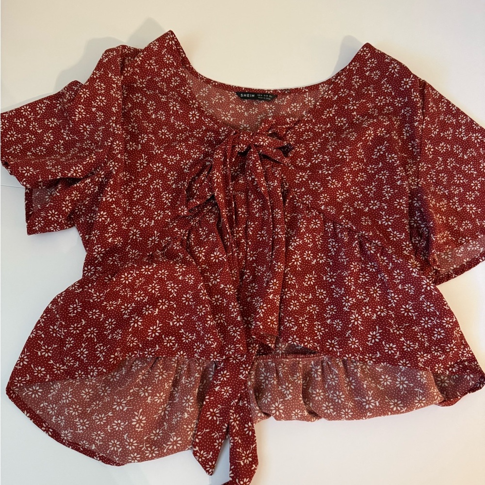 SHEIN Red Floral Blouse with Tie Front